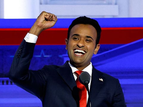 Entrepreneur and author Vivek Ramaswamy gestures as he arrives to take part in the first Republican Presidential primary debate at the Fiserv Forum in Milwaukee, Wisconsin, on August 23, 2023. 