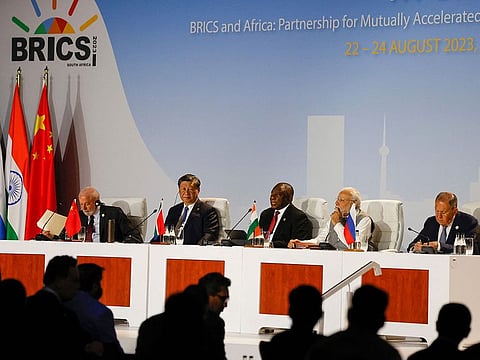 President of Brazil Luiz Inacio Lula da Silva, President of China Xi Jinping, South African President Cyril Ramaphosa, Prime Minister of India Narendra Modi and Russia's Foreign Minister Sergei Lavrov attend the 2023 BRICS Summit at the Sandton Convention Centre.