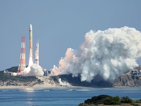 File photo: Japan’s H3 rocket leaves the launch pad at the Tanegashima Space Center in Kagoshima in March. 