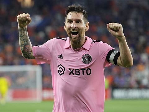 Lionel Messi of Inter Miami CF celebrates after winning the semifinals against FC Cincinnati at TQL Stadium on Wednesday.