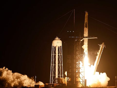 A SpaceX Falcon 9 rocket with the Crew Dragon spacecraft with astronauts on a mission to the International Space Station lifts off from pad 39A at Kennedy Space Center in Cape Canaveral, Florida, on Saturday, August 26, 2023. 