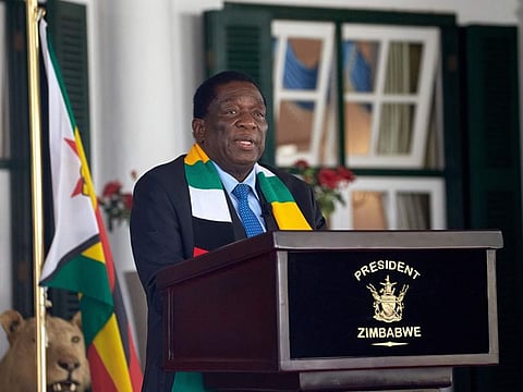 President of Zimbabwe Emmerson Mnangagwa addresses a press conference at State House in Harare on August 27, 2023.  