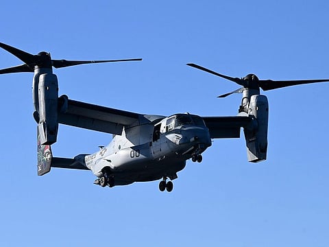 A MV-22B Osprey is seen coming in to land on the USS America off the coast of Brisbane, Tuesday, June 20, 2023. The Australian Defense Department said a Bell Boeing V-22 Osprey tiltrotor aircraft crashed on Melville Island, Sunday, Aug. 27, 2023 during Exercise Predators Run, which involves the militaries of the United States, Australia, Indonesia, the Philippines and East Timor.