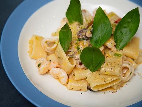 Classic Italian Pasta Calamarata with seafood 