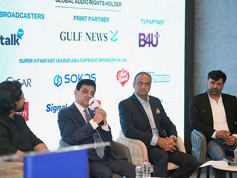 From left: Neil Ojha, Head of Sports and Presenter on Talk 100.3, Ajay Sethi, Charu Sharma and commentator Sudhir Tyagi at a press conference in Dubai on Tuesday. 
