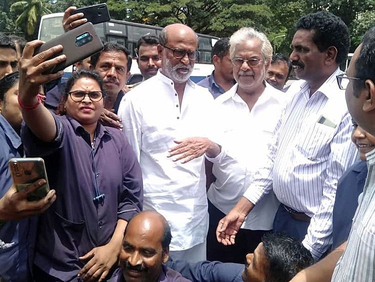 Indian actor Rajinikanth at bus depot 4 of the Bengaluru Metropolitan Transport Corporation.