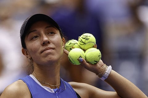 USA's Jessica Pegula reacts after defeating Italy's Camila Giorgi in the US Open women's singles first round.