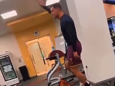 Ronaldo dancing in a gym.