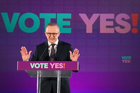 Prime Minister Anthony Albanese speaks during the Yes23 official campaign launch in Adelaide, on  August 30, 2023.  