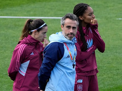 Spain's head coach Jorge Vilda arrives with players for a team training session in Sydney on August 18 ahead of the Women's World Cup final against England.
