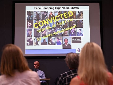 An example of cctv images of a criminal is displayed on a slide during a media event at a Thames Valley Police training facility in Sulhamstead near Reading .