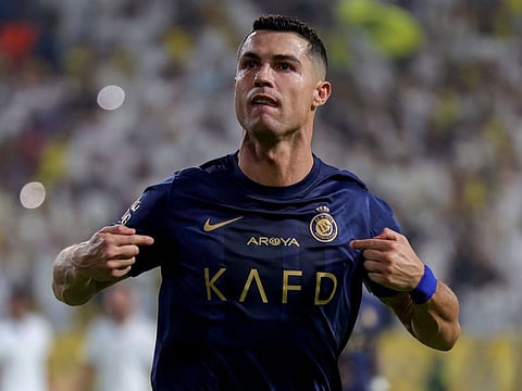 Al Nassr's Cristiano Ronaldo celebrates his second goal during the Saudi Pro League match against Al Shabab in Riyadh.
