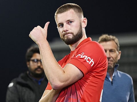 England's Gus Atkinson celebrates after the second T20 international cricket match against New Zealand at Old Trafford, in Manchester, north-west England, on September 1, 2023. 