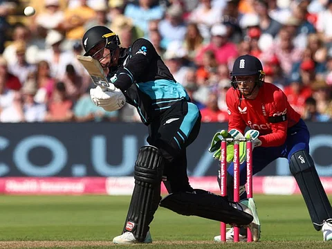 New Zealand's Finn Allen hits a six during the third T20 international match against England at Edgbaston, in Birmingham on Sunday.