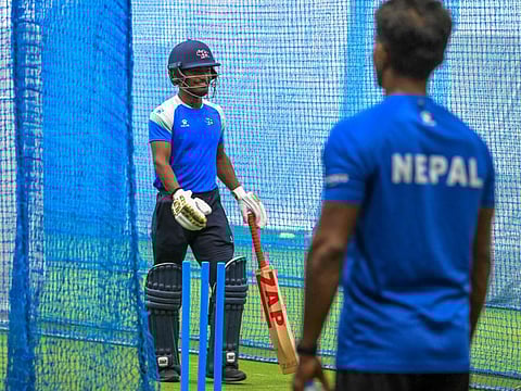 Nepal's captain Rohit Paudel bats during a practice session at the Pallekele International Cricket Stadium in Kandy on Sunday.