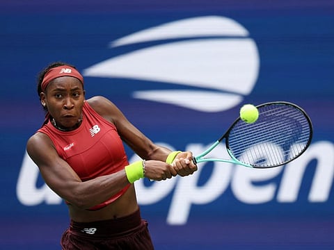 Coco Gauff of the United States returns a shot against Caroline Wozniacki of Denmark during their women's singles fourth round match of the 2023 US Open at the USTA Billie Jean King National Tennis Centre on Sunday.