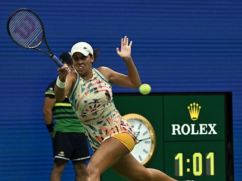 USA's Madison Keys hits a return to compatriot Jessica Pegula during the US Open women's singles round of 16 match at the USTA Billie Jean King National Tennis Centre in New York City on Monday.