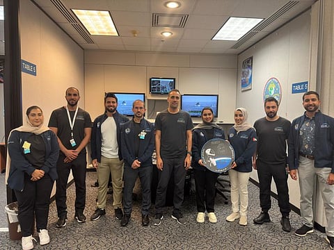 MBRSC team led by Salem Humaid AlMarri, Director General, at NASA’s Johnson Space Centre, moments after Sultan’s successful landing.