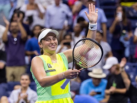 Latvia's Jelena Ostapenko, who has not gone past the last 16 stage in the US Open, celebrates her win against Poland's Iga Swiatek.