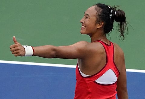 China's Zheng Qinwen celebrates after victory over Tunisia's Ons Jabeur during the US Open round of 16 match at the USTA Billie Jean King National Tennis Centre in New York City on Monday.