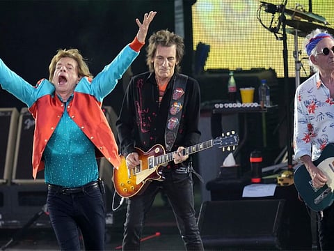 Mick Jagger, Ronnie Wood and Keith Richards of 'The Rolling Stones' perform onstage during a concert in Berlin.