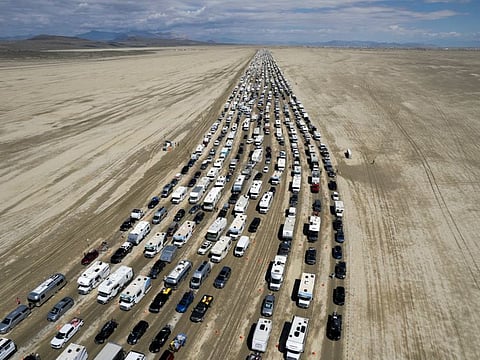 Revellers departing the Burning Man festival in Black Rock City, Nevada, on September 4, 2023.  