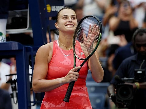 Belarus' Aryna Sabalenka celebrates after winning her quarter-final match against China's Qinwen Zheng Tennis at the Flushing Meadows, New York, on Wednesday.