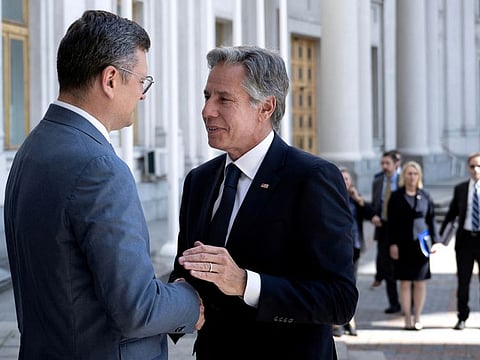 Ukraine's Foreign Minister Dmytro Kuleba greets US Secretary of State Antony Blinken before a meeting at the Ministry of Foreign Affairs in Kyiv,  Ukraine on September 6, 2023.