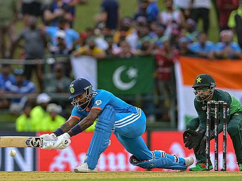 India's Hardik Pandya (left) plays a shot during the Asia Cup 2023 match against Pakistan in Kandy on September 2.