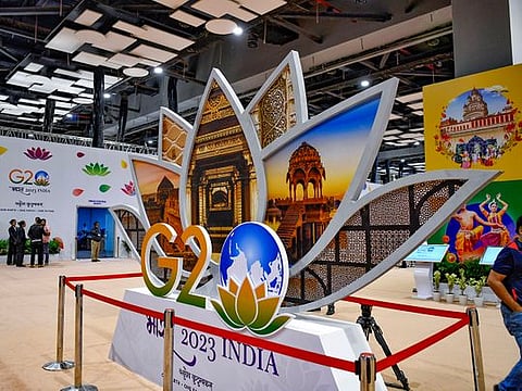 A replica of G20 and beautification work at International Media Center of Pragati Maidan in New Delhi 