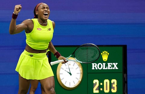 USA's Coco Gauff celebrates her win against Czech Republic's Karolina Muchova in the US Open women's singles semi-finals in New York City.