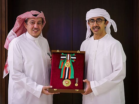  Sheikh Abdullah presented the Saudi Ambassador with the medal while receiving him on Monday in Abu Dhabi.