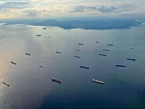 Dozens of ships waiting to cross the Panama Canal as it maintains restrictions on the crossing of vessels due to a drought in Panama City.