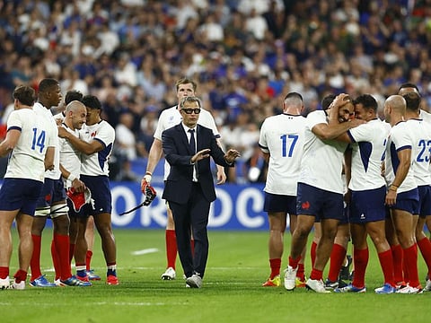 France head coach Fabien Galthie celebrates with the players after the match against New Zealand in Stade de France, Saint-Denis, France on September 8.