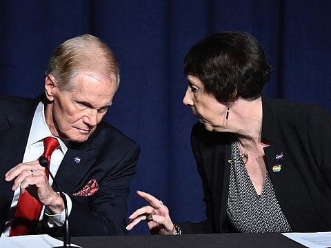 Nasa Administrator Bill Nelson speaks with Nicola Fox, associate administrator, Science Mission Directorate, during a press conference on on Unidentified Anomalous Phenomena (UAP) at the Nasa headquarters in Washington, DC on September 14, 2023.  