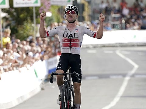Marc Hirschi celebrates after winning the stage in the Coppa Sabatini in Italy on Thursday.