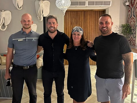 Thursday Curry Club - Left to Right, Adam Stastny (Assistant Golf Services Manager), David Bainbridge, Evelyn Downham (JGE Lady Captain), Alex Whayman