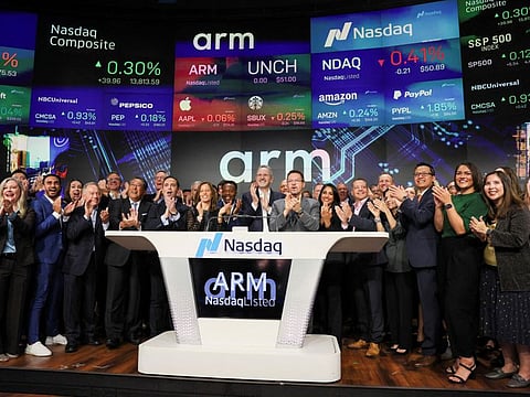 Arm CEO Rene Haas and executives cheer, as Softbank's Arm, chip design firm, holds an initial public offering (IPO) at Nasdaq Market site in New York.