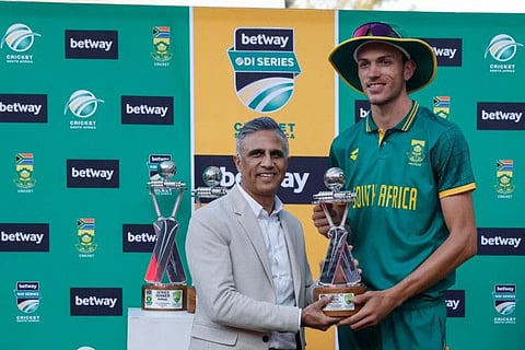 South Africa's Marco Jansen (right) receives the trophy to the Player of the Match after the fifth ODI match against Australia at Wanderers stadium in Johannesburg on Sunday.