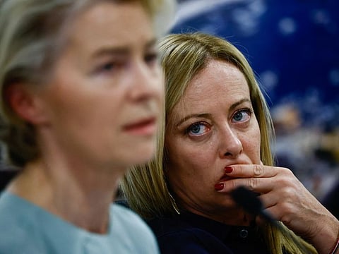 European Commission President Ursula von der Leyen and Italian Prime Minister Giorgia Meloni attend a press conference at the airport after a visit to the hotspot, a reception centre for migrants, and later the port where they arrive, in Lampedusa, Italy, September 17, 2023.  