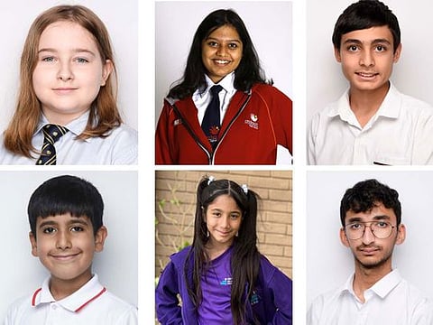(Clockwise) Aleksandra, Ema, Sami, Nirav, Alia and Priyanshu rejoicing the return of Emirati astronaut Sultan Al Neyadi, are among students excited about UAE astronaut's mission to space. 
