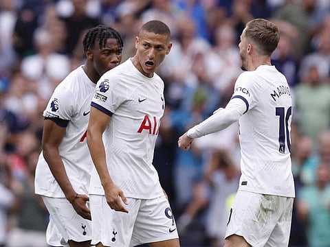 Tottenham Hotspur's Richarlison celebrates with James Maddison after scoring their first goal in the Premier League match against Sheffield United.