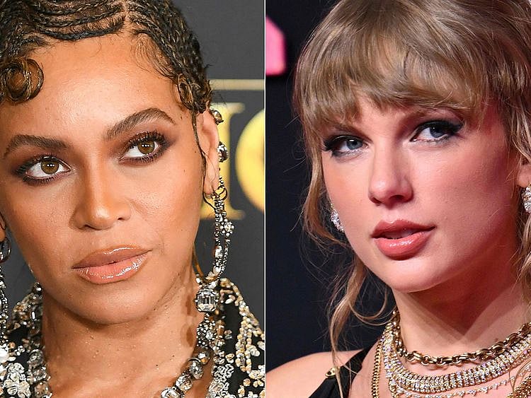 US singer-songwriter Beyonce arriving for the world premiere of Disney's "The Lion King" at the Dolby Theatre in Hollywood, California, on July 9, 2019, and US singer-songwriter Taylor Swift arriving for the MTV Video Music Awards at the Prudential Center in Newark, New Jersey, on September 12, 2023.