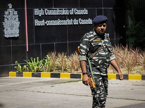 A security personnel stands guard outside the Canadian High-Commision in New Delhi on September 19, 2023.  