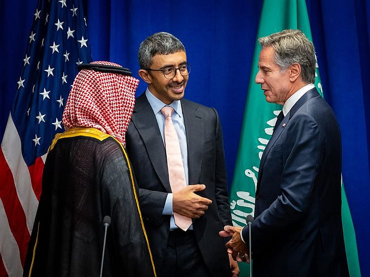 Sheikh Abdullah during his meeting with Prince Faisal bin Farhan and Blinken in New York.