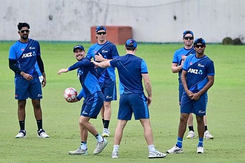 New Zealand's players take part in a practice session at the Sher-e-Bangla National Cricket Stadium in Dhaka on Wednesday.