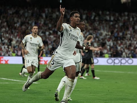 Real Madrid's English midfielder Jude Bellingham celebrates scoring his team's goal during the Uefa Champions League match against Union Berlin at the Santiago Bernabeu stadium in Madrid on Wednesday.
