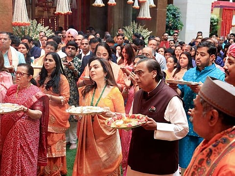 Reliance Industries chairman Mukesh Ambani along with his wife Nita Ambani and family members offer prayers on the occassion of Ganesh Chaturthi 2023, in Mumbai on Tuesday. 