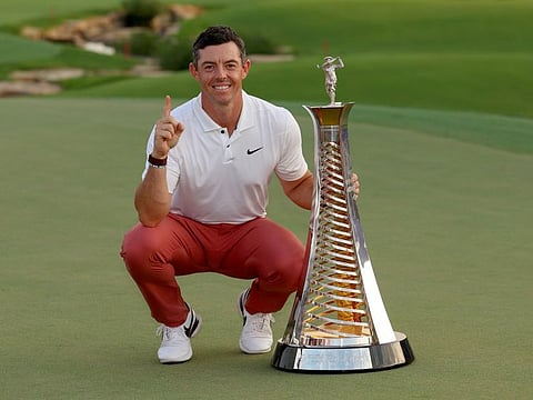 Rory McIlroy of Northern Ireland poses with the DP World Tour Championship trophy during Day Four of the DP World Tour Championship on the Earth Course at Jumeirah Golf Estates in Dubai last year.
