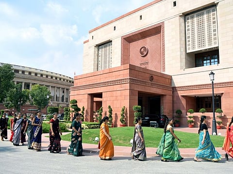 Women from Uttar Pradesh and Rajasthan visit the new Parliament building in New Delhi on Wednesday, September 20, 2023.